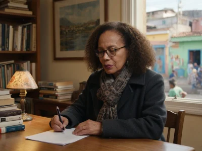 Yanick Lahens écrit à son bureau devant une fenêtre sur rue colorée