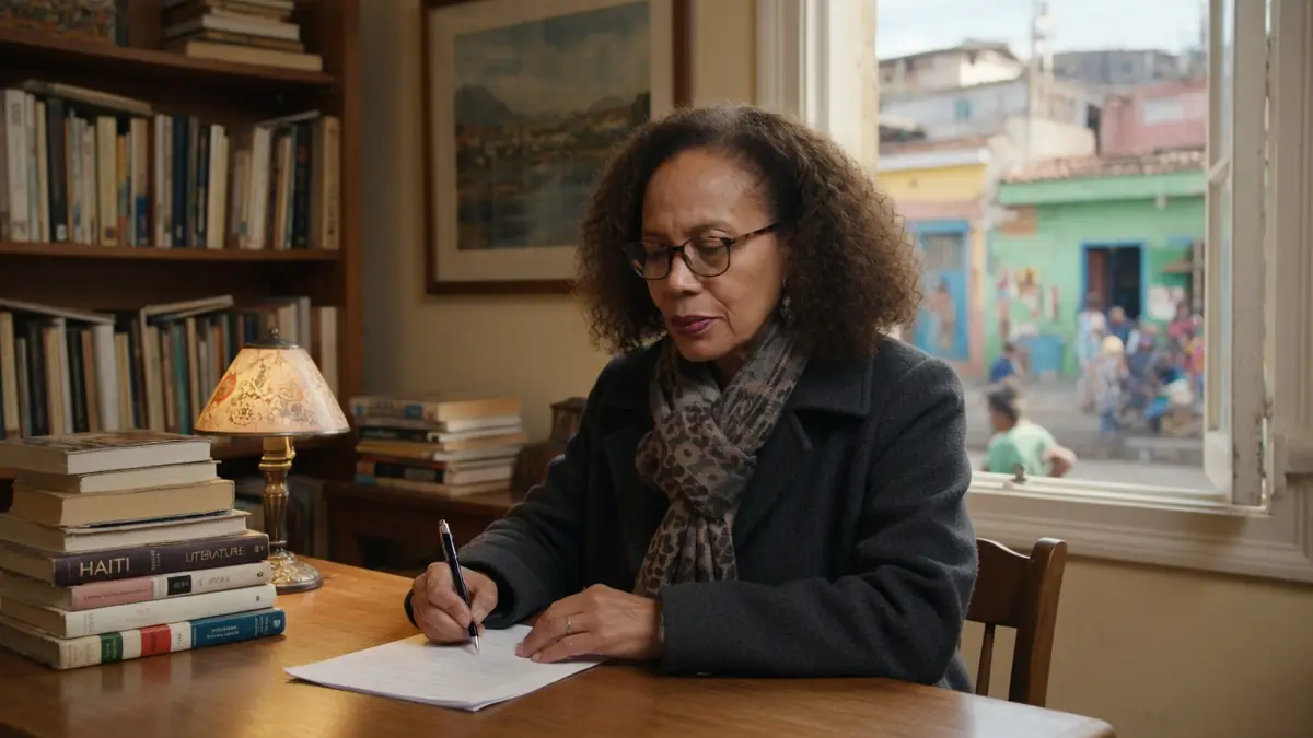 Yanick Lahens écrit à son bureau devant une fenêtre sur rue colorée
