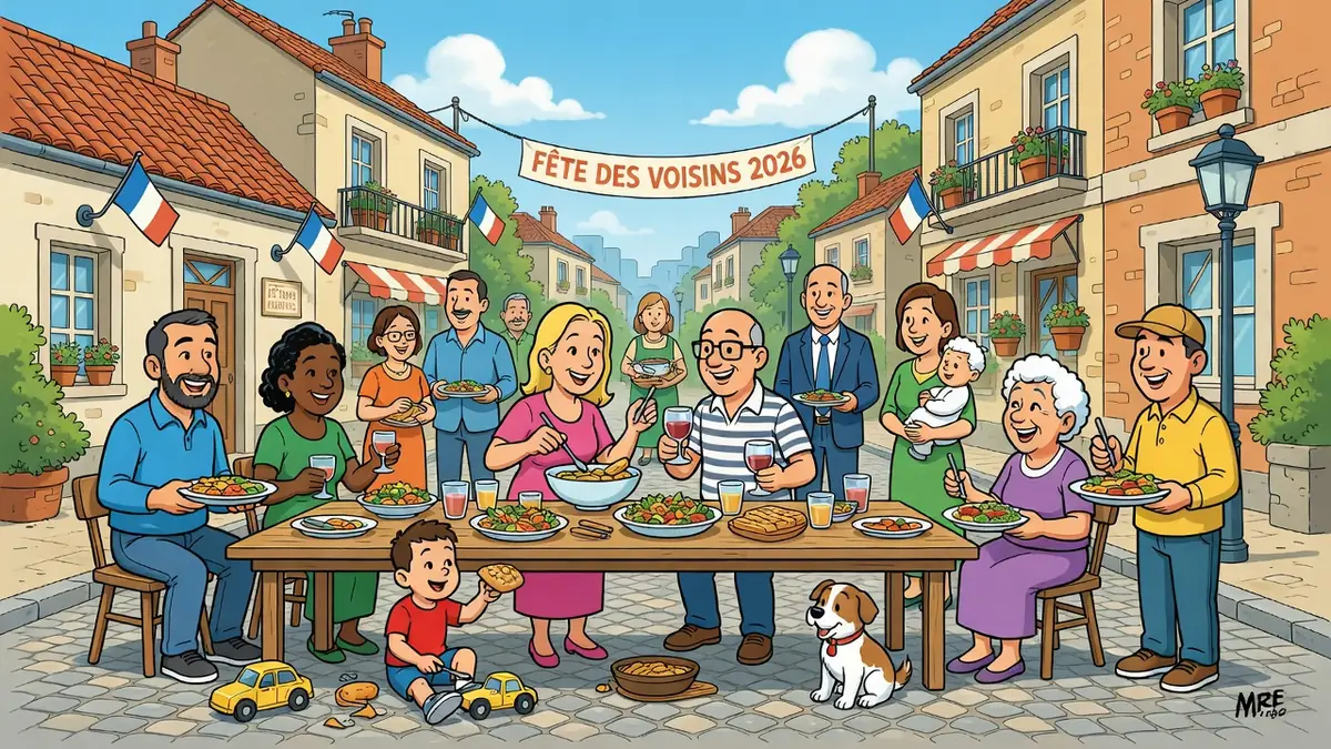 Des habitants d'un quartier français partagent un repas pour les fêtes des voisins 2026 dans la rue