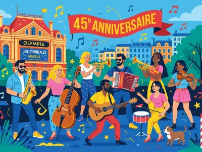 Des musiciens jouent ensemble pour la fête de la Musique 2026 dans une ambiance festive en ville