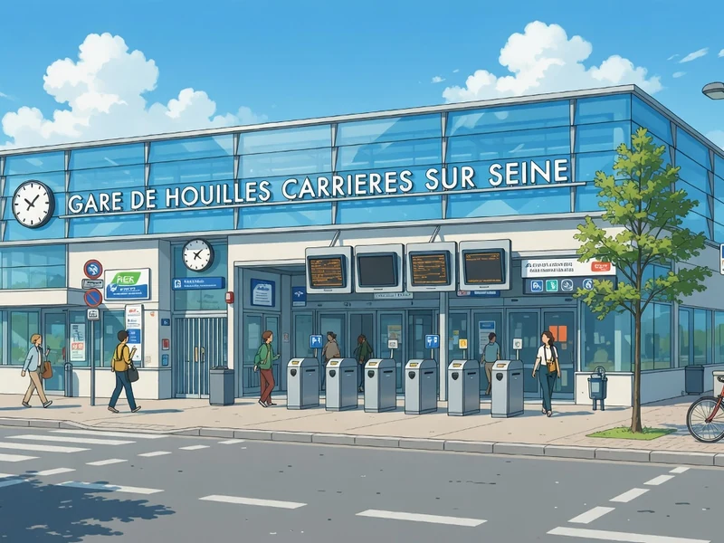 Bâtiment moderne de la gare à Houilles - Carrières-sur-Seine avec piétons et vélo au premier plan