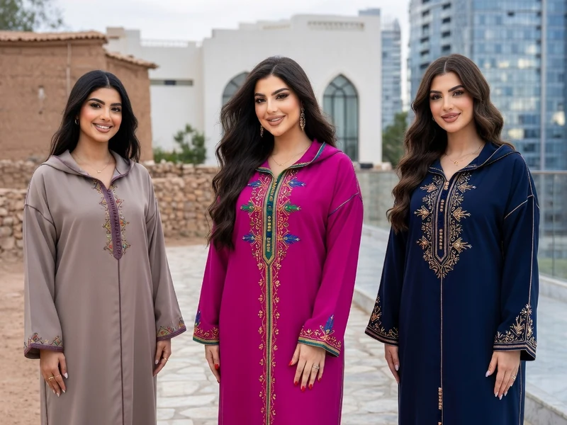 Trois femmes portent la djellaba femme brodée dans un décor urbain contrasté