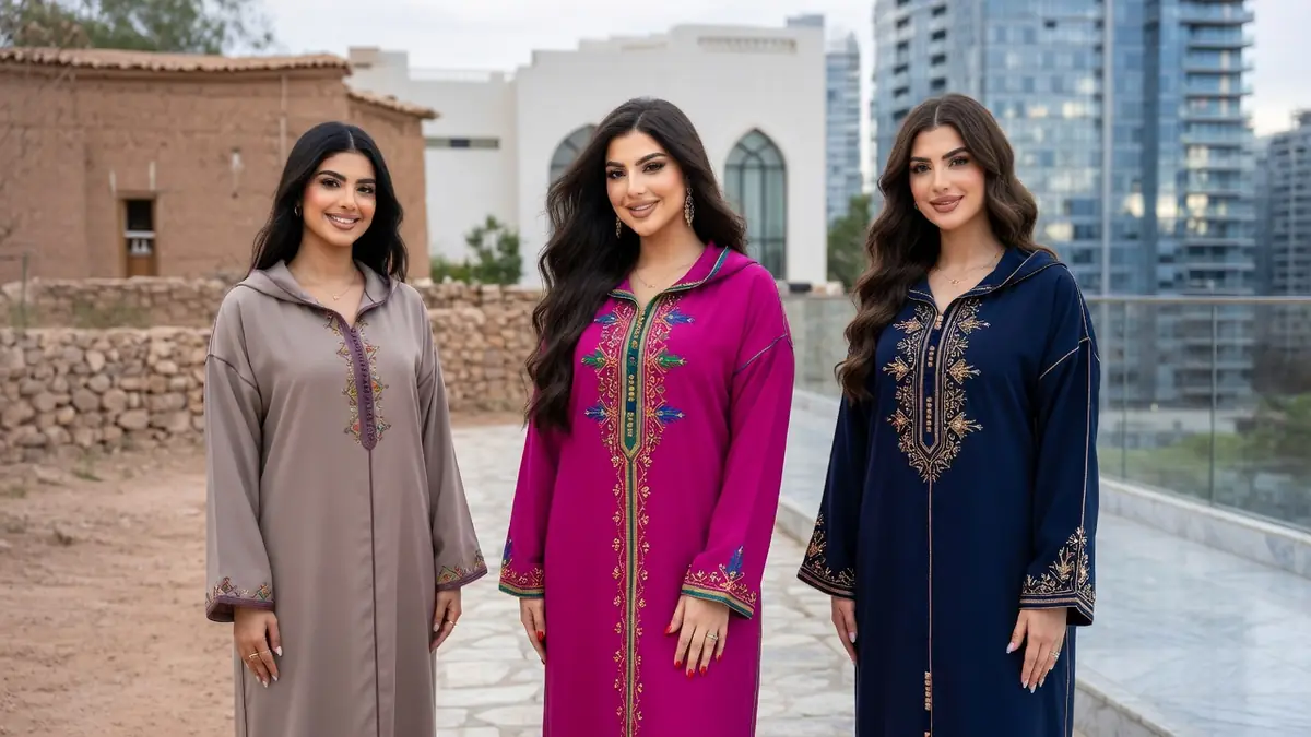 Trois femmes portent la djellaba femme brodée dans un décor urbain contrasté