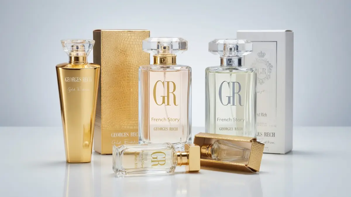 Plusieurs flacons de parfum et boîtes de Georges Rech sont présentés sur une surface blanche.