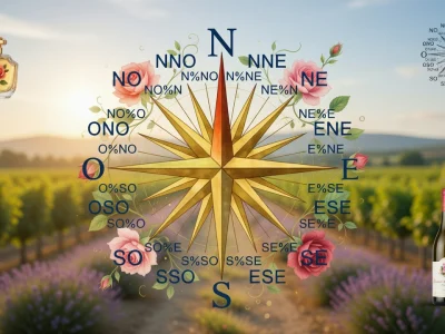 Un Rosé des vents stylisé flotte au-dessus d'un vignoble ensoleillé, accompagné d'un flacon de parfum et d'une bouteille de vin