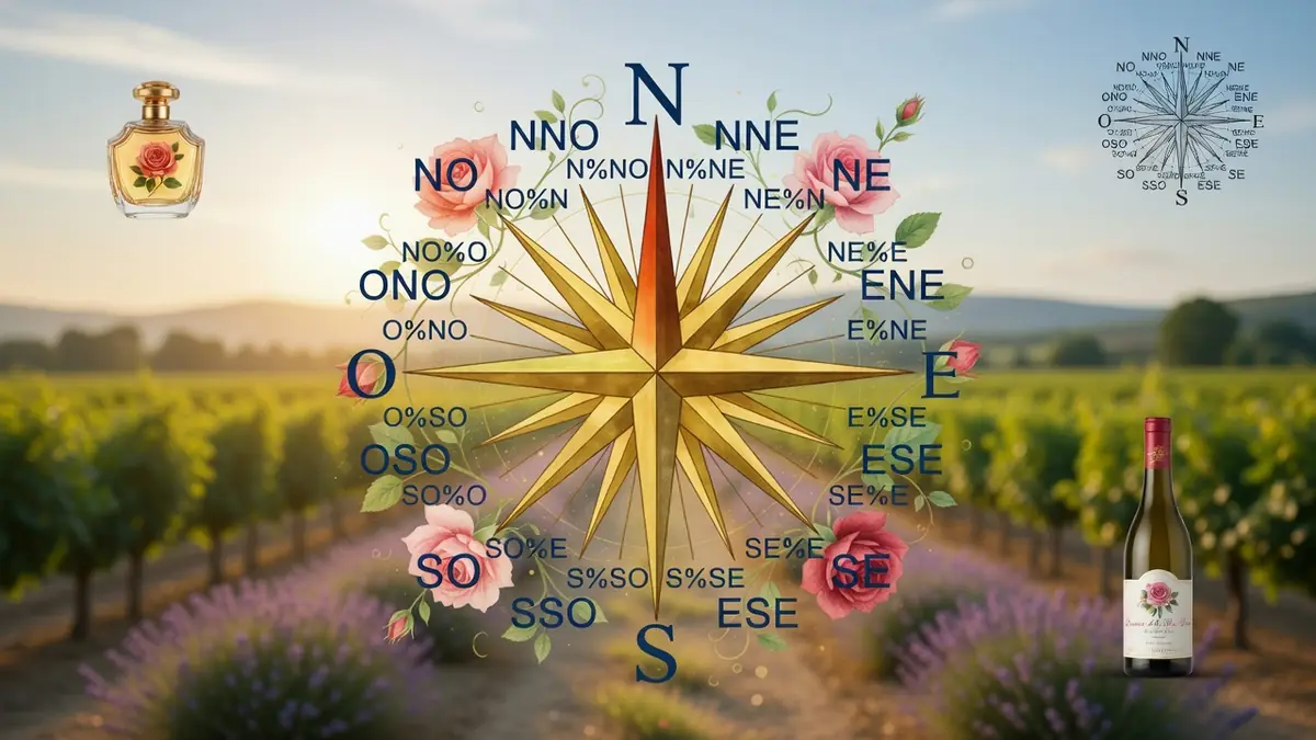 Un Rosé des vents stylisé flotte au-dessus d'un vignoble ensoleillé, accompagné d'un flacon de parfum et d'une bouteille de vin