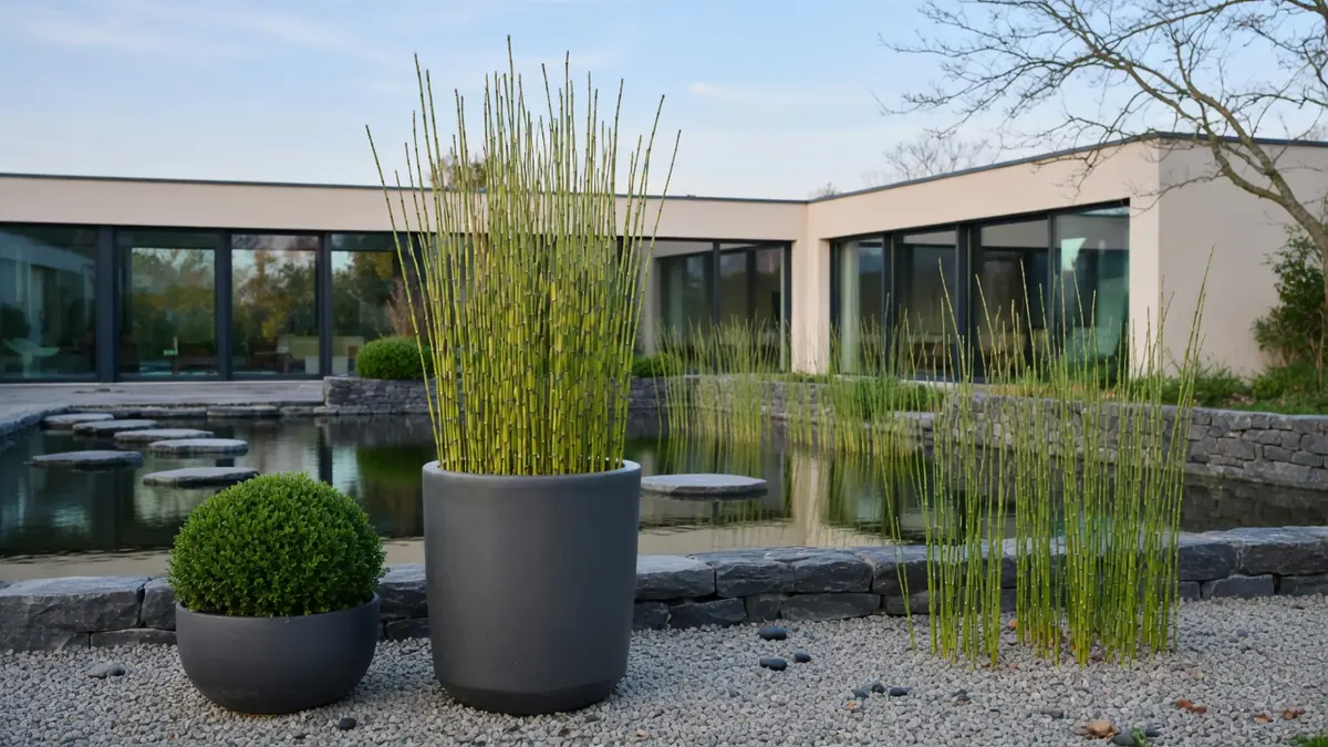 Des prêles du Japon dans de grands pots près d'un bassin dans un jardin moderne