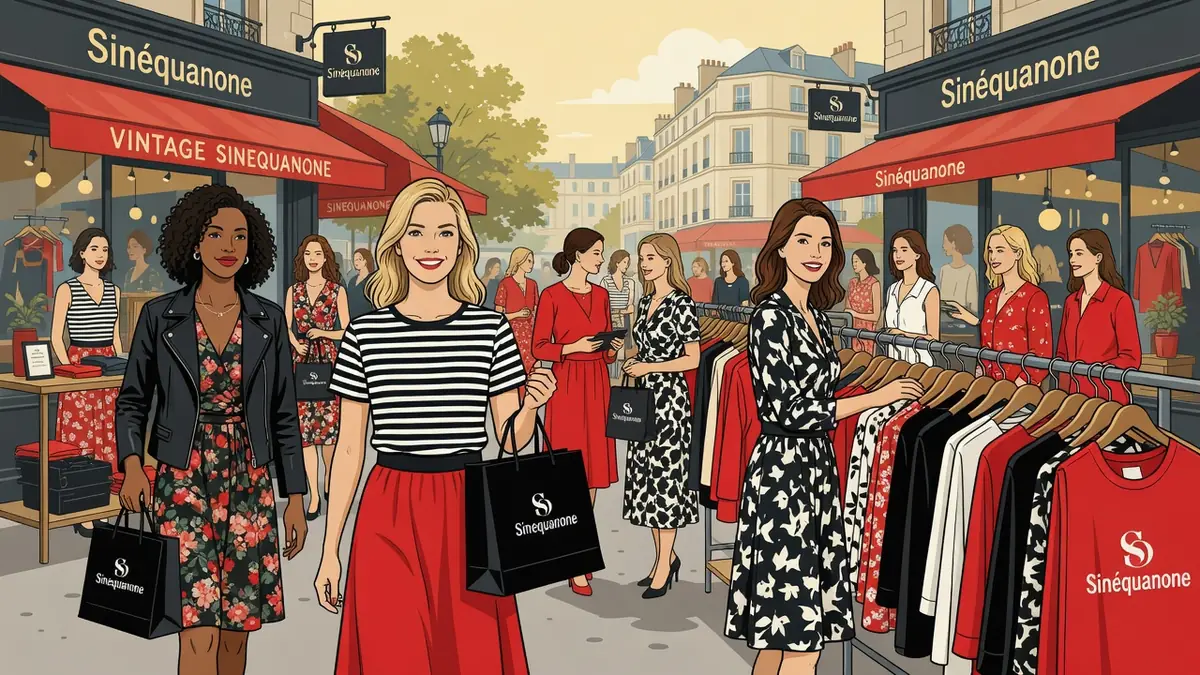 Des femmes élégantes font du shopping Sinequanone dans une rue parisienne ensoleillée