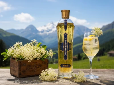 Une bouteille de St-Germain trône sur une table en bois avec un verre et des fleurs face aux montagnes alpines.