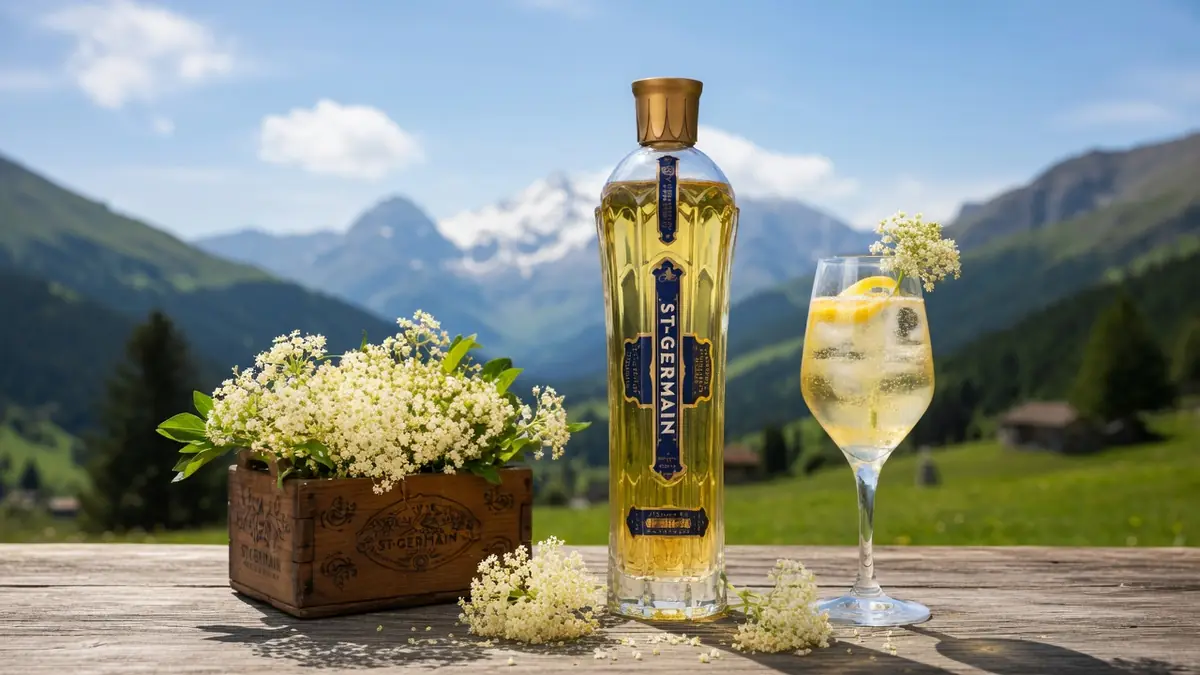 Une bouteille de St-Germain trône sur une table en bois avec un verre et des fleurs face aux montagnes alpines.