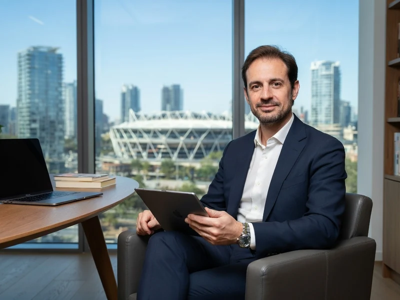 Alexandre Aulas est assis dans un fauteuil tenant une tablette dans un bureau avec vue sur la ville
