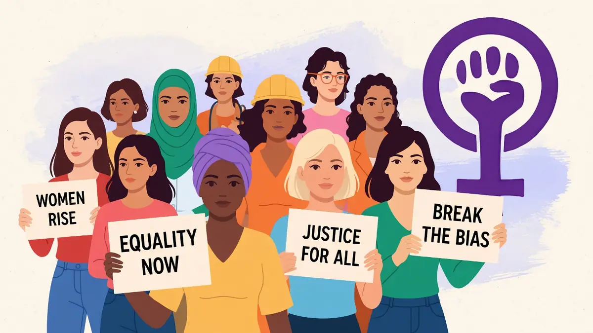 Un groupe de femmes diverses se mobilise pour la journée internationale du droit des femmes