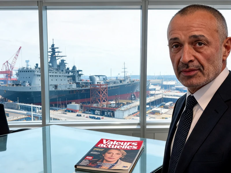 Iskandar Safa Valeurs actuelles apparaît dans un bureau avec une vue sur un grand navire à travers les fenêtres
