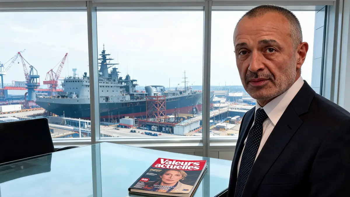 Iskandar Safa Valeurs actuelles apparaît dans un bureau avec une vue sur un grand navire à travers les fenêtres