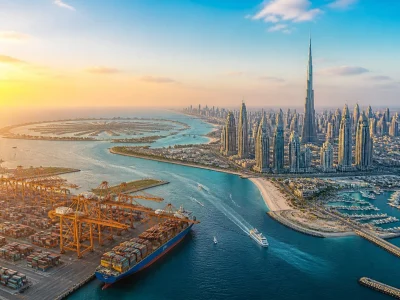 Vue aérienne du port et de la ville de Dubaï illustrant la carte Dubaï dans le monde