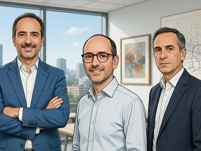 Pierre Brunet pose avec deux collègues dans un bureau moderne lumineux