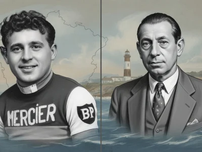 françois Le Bihan apparaît en cycliste et en costume dans les eaux bretonnes