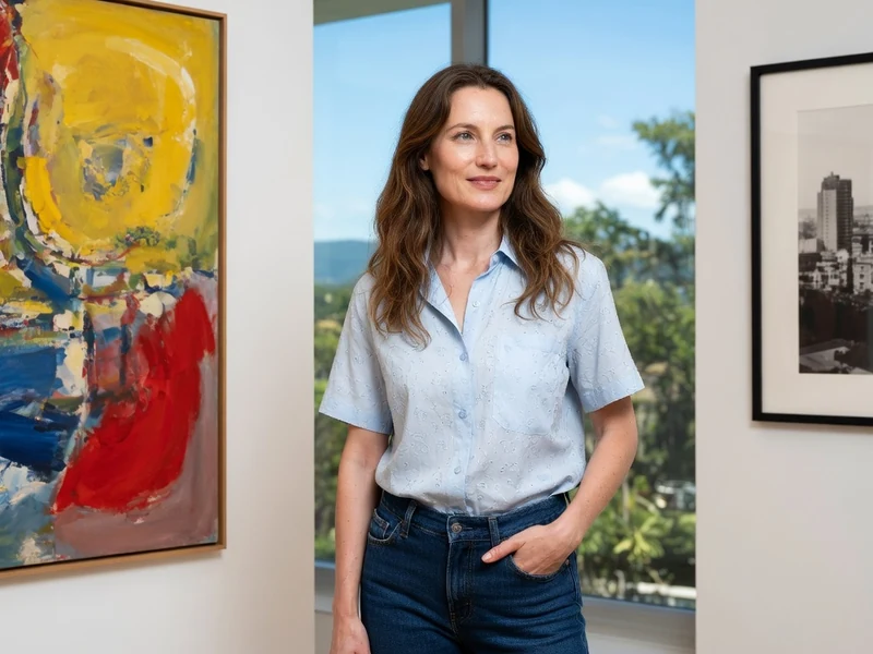Laetitia Pesenti se tient entre deux tableaux dans une pièce lumineuse.