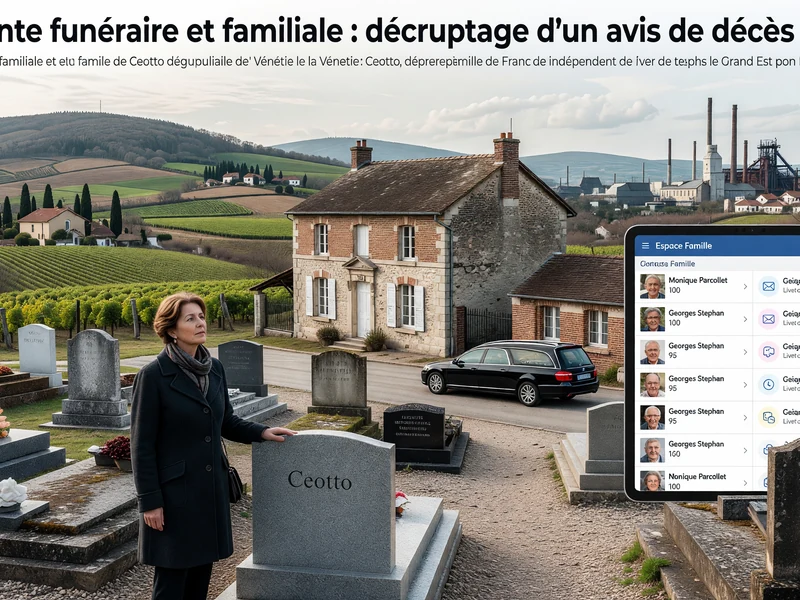 Une femme debout dans un cimetière avec une voiture et des maisons illustre un avis de décès Ceotto