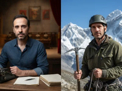 L'image montre jean franco à gauche dans un décor théâtral et à droite en alpiniste himalayen