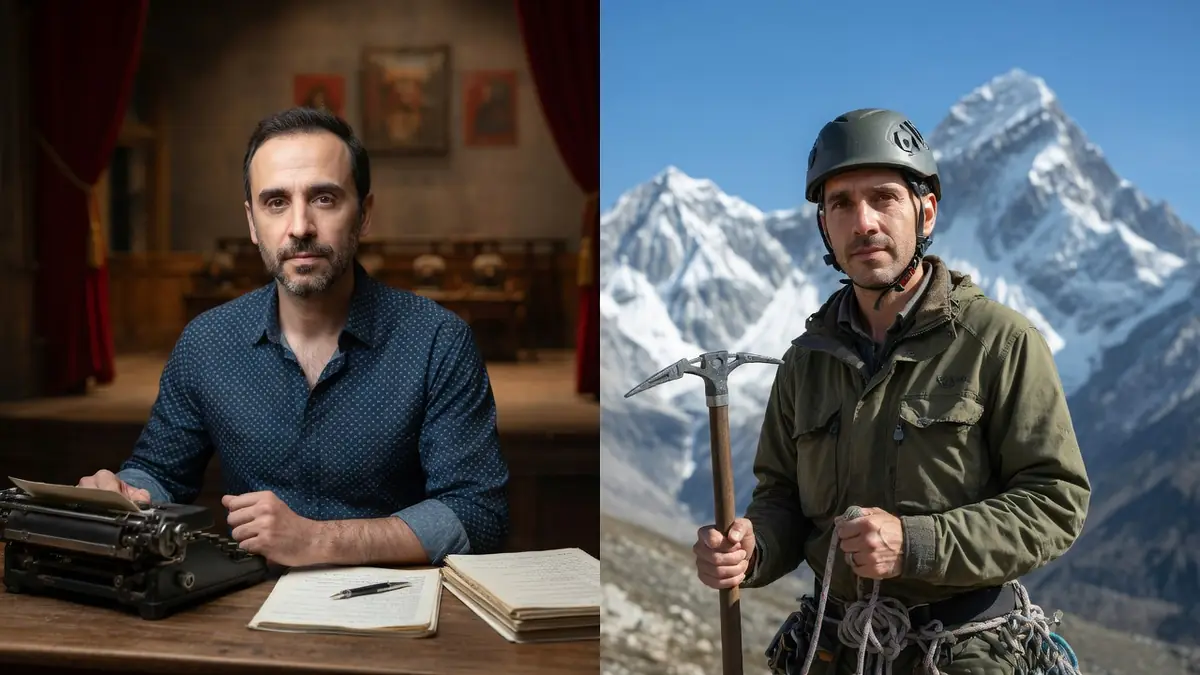 L'image montre jean franco à gauche dans un décor théâtral et à droite en alpiniste himalayen