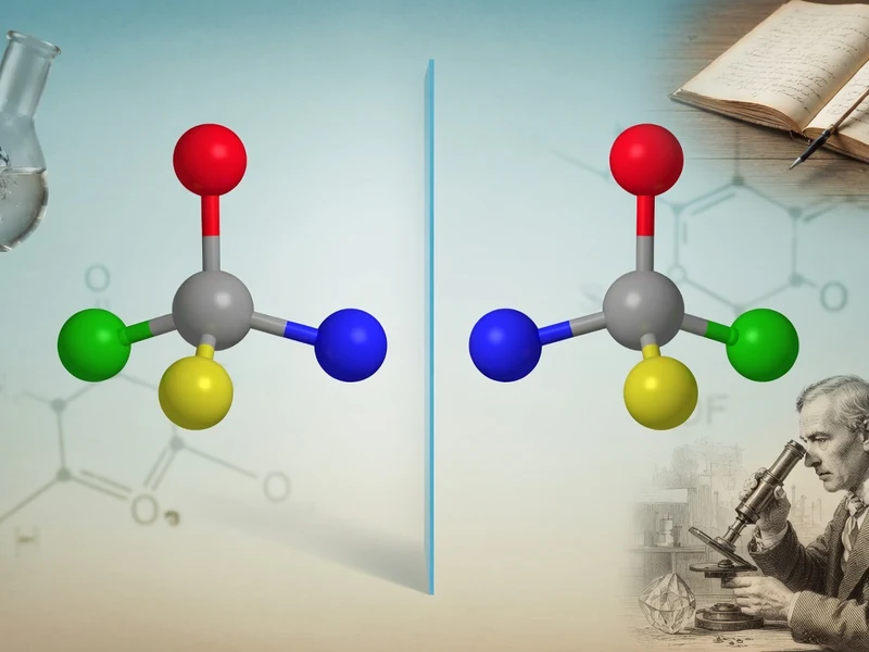 Deux modèles de molécules en miroir représentent un énantiomère dans un décor de laboratoire