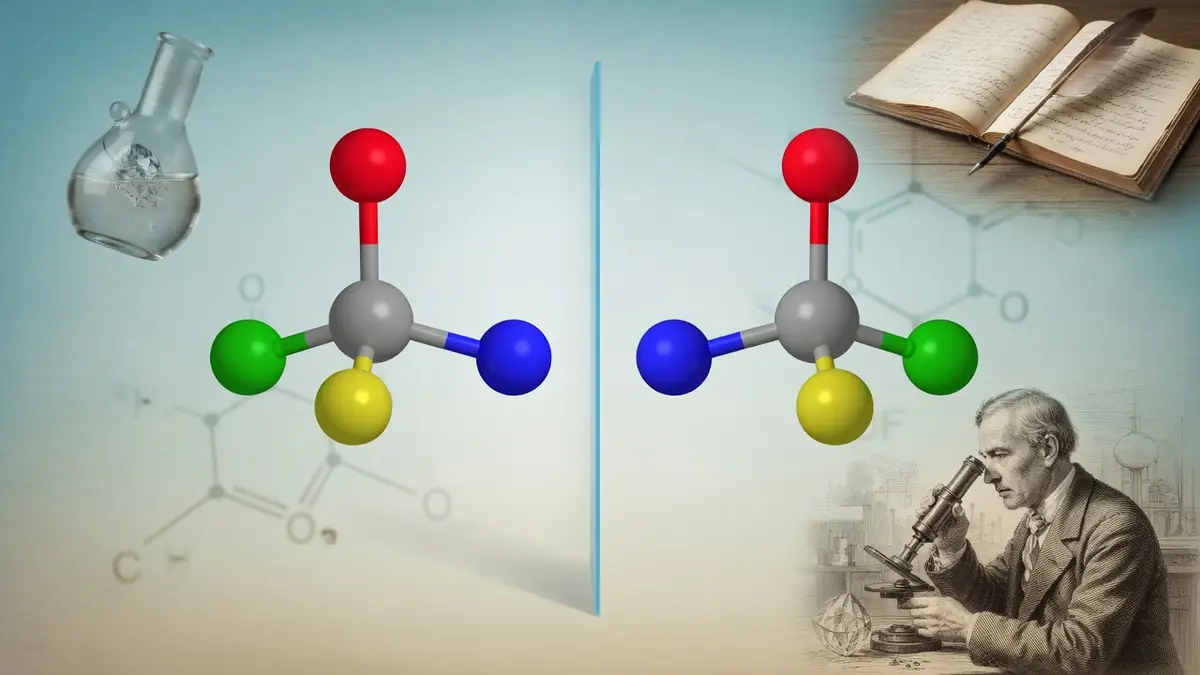 Deux modèles de molécules en miroir représentent un énantiomère dans un décor de laboratoire