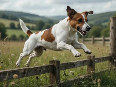 Un Jack Russell bondissant avec énergie par-dessus une barrière en bois dans la campagne