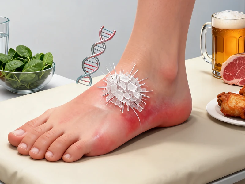 Un pied enflé et rouge montrant une crise de goutte près d'aliments et d'ADN
