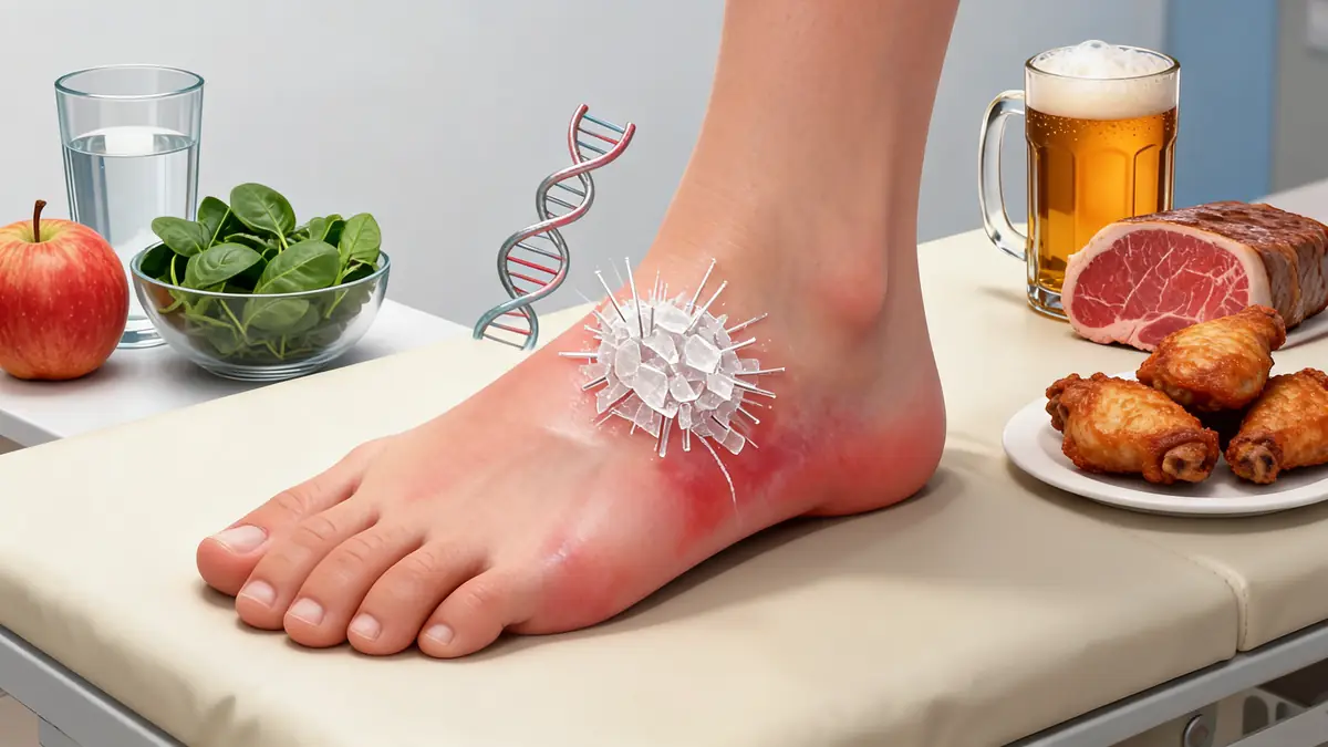 Un pied enflé et rouge montrant une crise de goutte près d'aliments et d'ADN