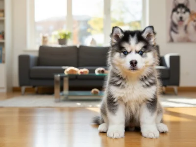 Un Pomsky assis dans un salon ensoleillé illustre le prix Pomsky