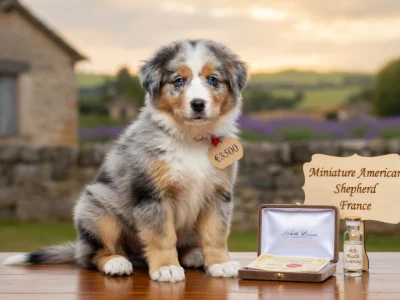 Un mignon chiot berger américain prix assis sur une table dans un décor rural avec lavande