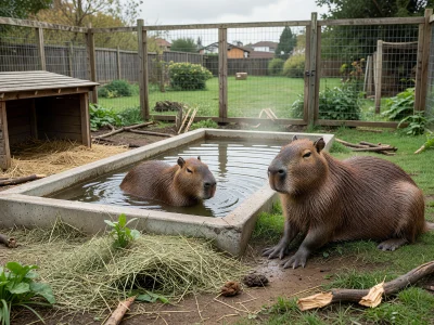 Deux capybaras dans un enclos avec bassin illustrent le capybara prix