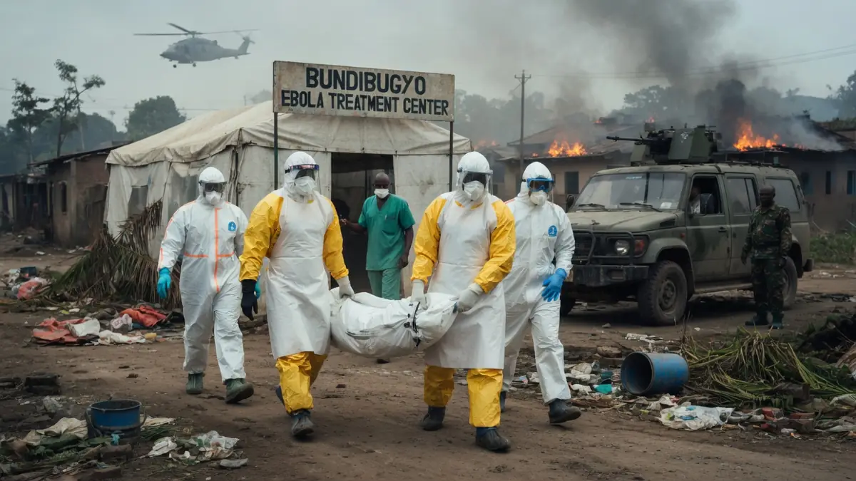 Des soignants en combinaisons jaunes transportent un corps dans une zone de Congo Ebola ravagée par la guerre