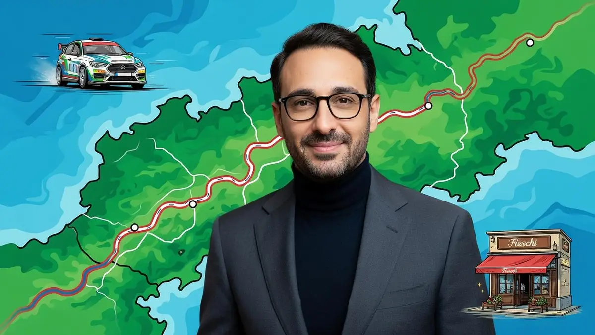 Ambroise Fieschi se détache sur une carte colorée agrémentée d'une voiture de rallye et d'un commerce