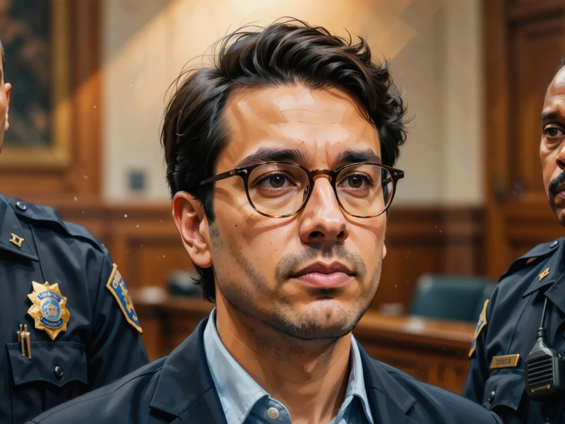 Anthony Garcia est escorté par deux policiers dans une salle d'audience