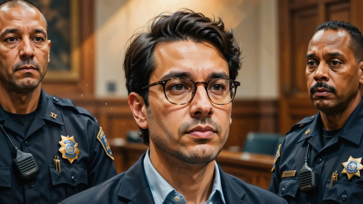 Anthony Garcia est escorté par deux policiers dans une salle d'audience