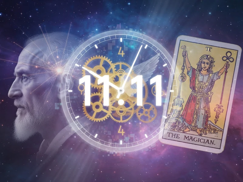 Sur fond cosmique un sage côtoie une horloge à 11h11 et une carte de tarot