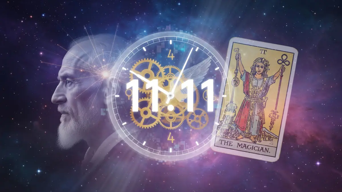 Sur fond cosmique un sage côtoie une horloge à 11h11 et une carte de tarot