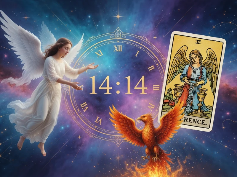 Une femme ailée, un phénix enflammé et une carte de tarot apparaissent autour de 14h14 dans un ciel constellé d'étoiles