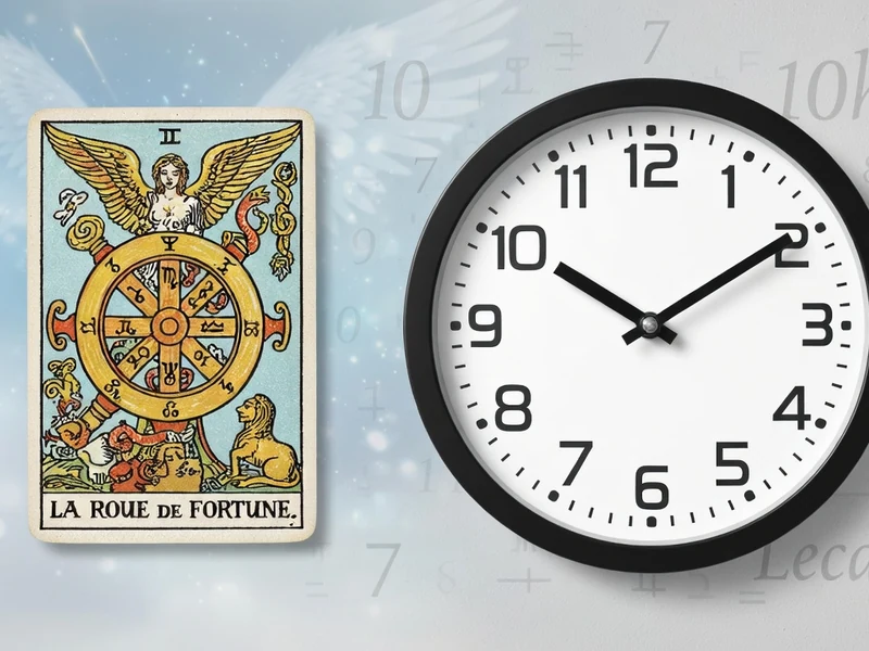 Une carte de tarot est placée à côté d'une horloge indiquant 10h10