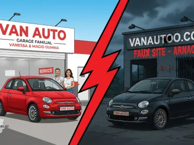 Deux côtés séparés par un éclair rouge opposent un garage familial à une arnaque en ligne avec Vanautoo