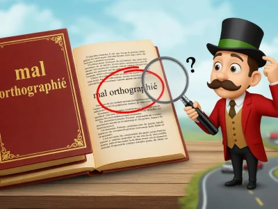 L'illustration montre un détective cherchant quel mot est mal orthographié à la loupe sur un livre