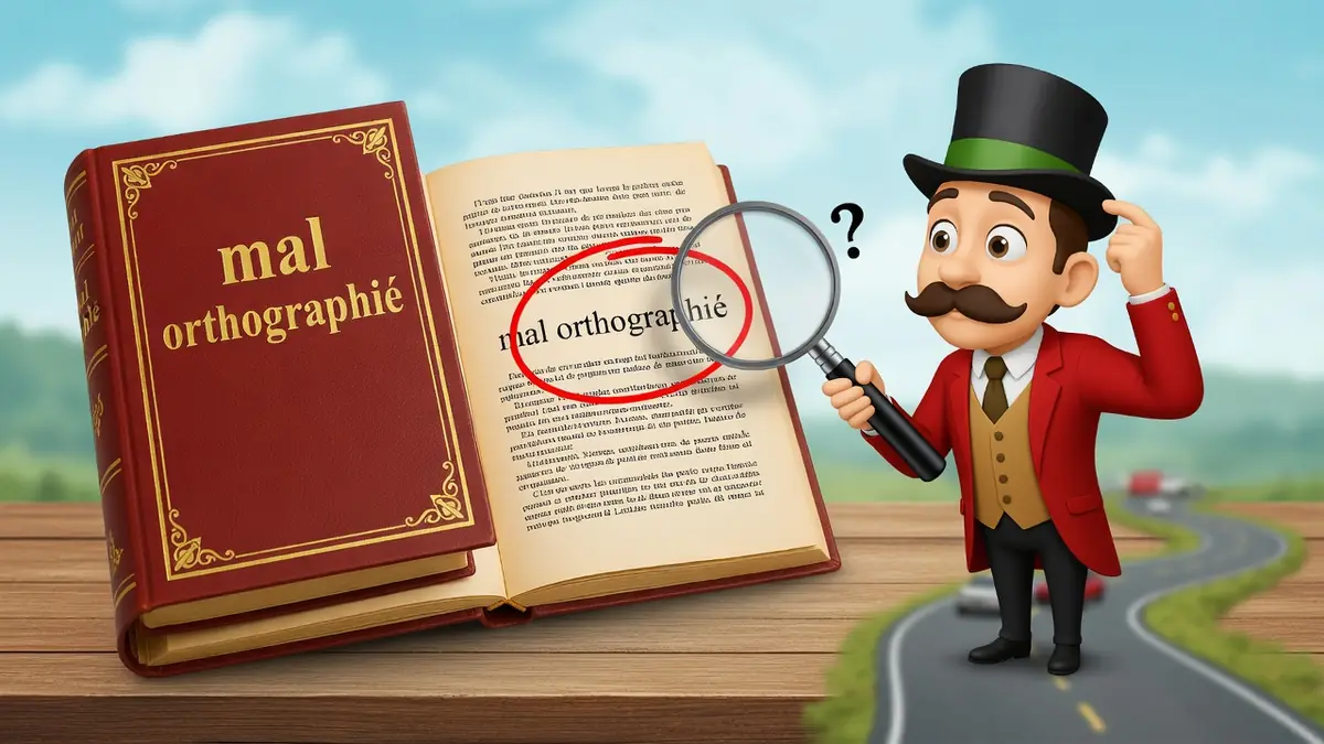 L'illustration montre un détective cherchant quel mot est mal orthographié à la loupe sur un livre