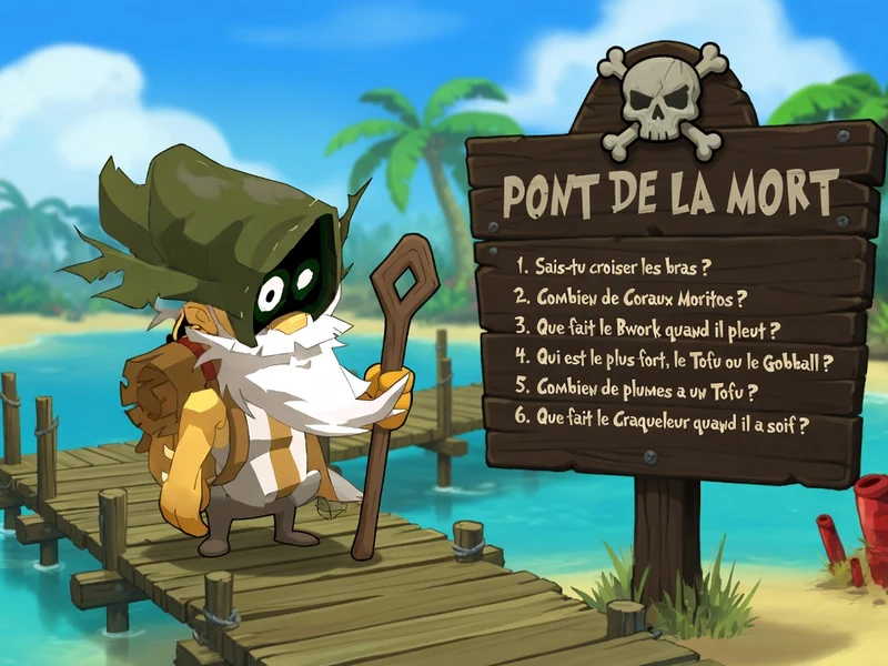 Le gardien du Pont de la Mort se tient sur un ponton en bois au bord d'une mer turquoise bordée de palmiers