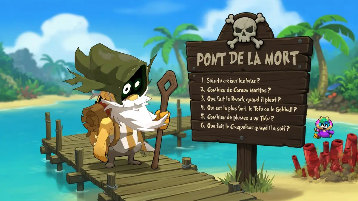 Le gardien du Pont de la Mort se tient sur un ponton en bois au bord d'une mer turquoise bordée de palmiers
