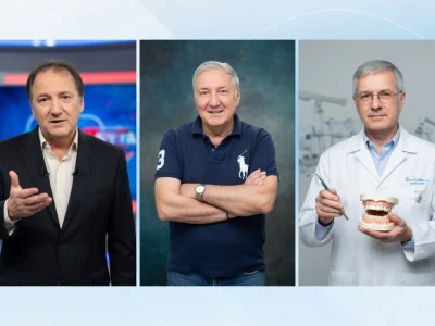 Jean-Luc Bertrand en présentateur télé, en homme en polo et en dentiste tenant une mâchoire