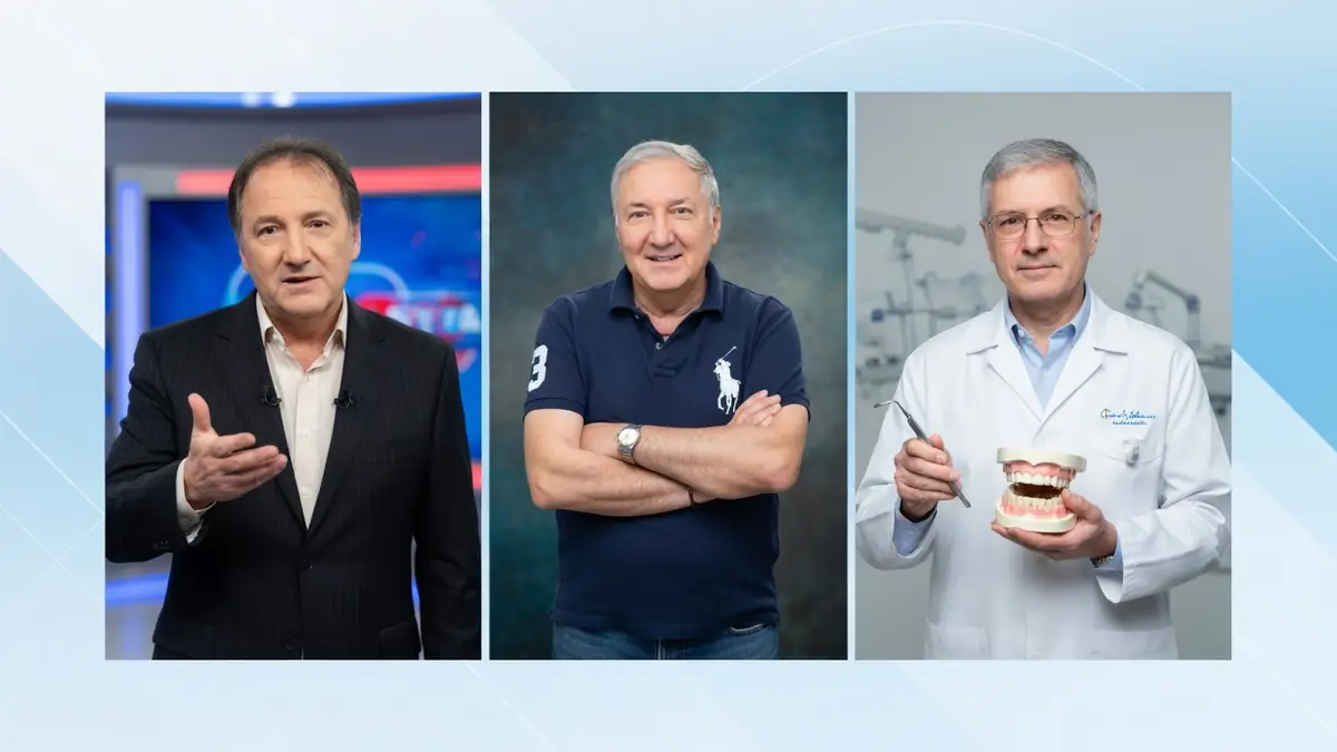 Jean-Luc Bertrand en présentateur télé, en homme en polo et en dentiste tenant une mâchoire