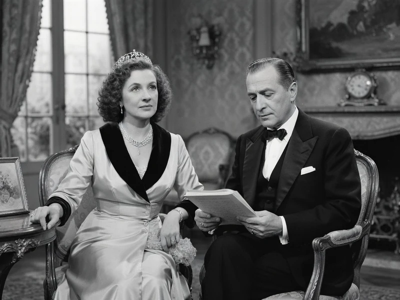 Lana Marconi est assise avec une tiare à côté d'un homme en smoking dans un salon élégant