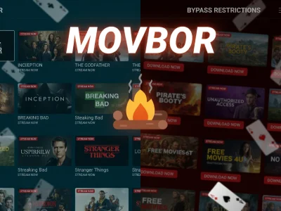 L'interface de Movbor présente une collection d'affiches de films sur fond sombre avec des cartes et un feu